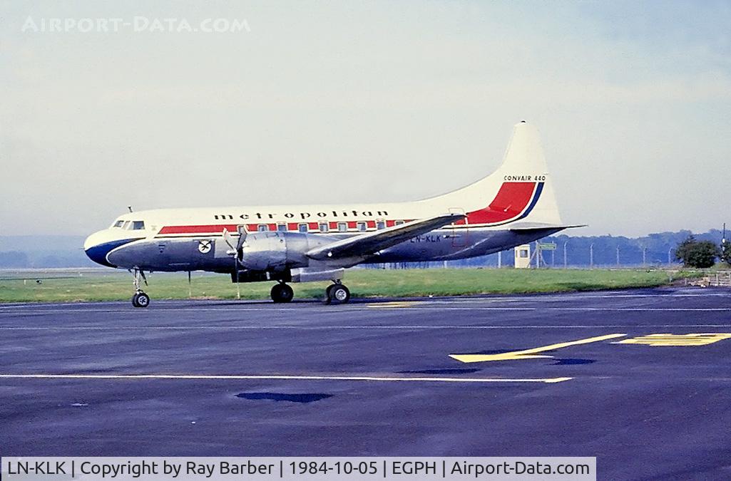 LN-KLK, 1956 Convair 440-75 Metropolitan C/N 357, Convair 440-75 [357] (Norsk Metropolitan Klubb) Edinburgh-Turnhouse~G 05/10/1984. From a slide.
