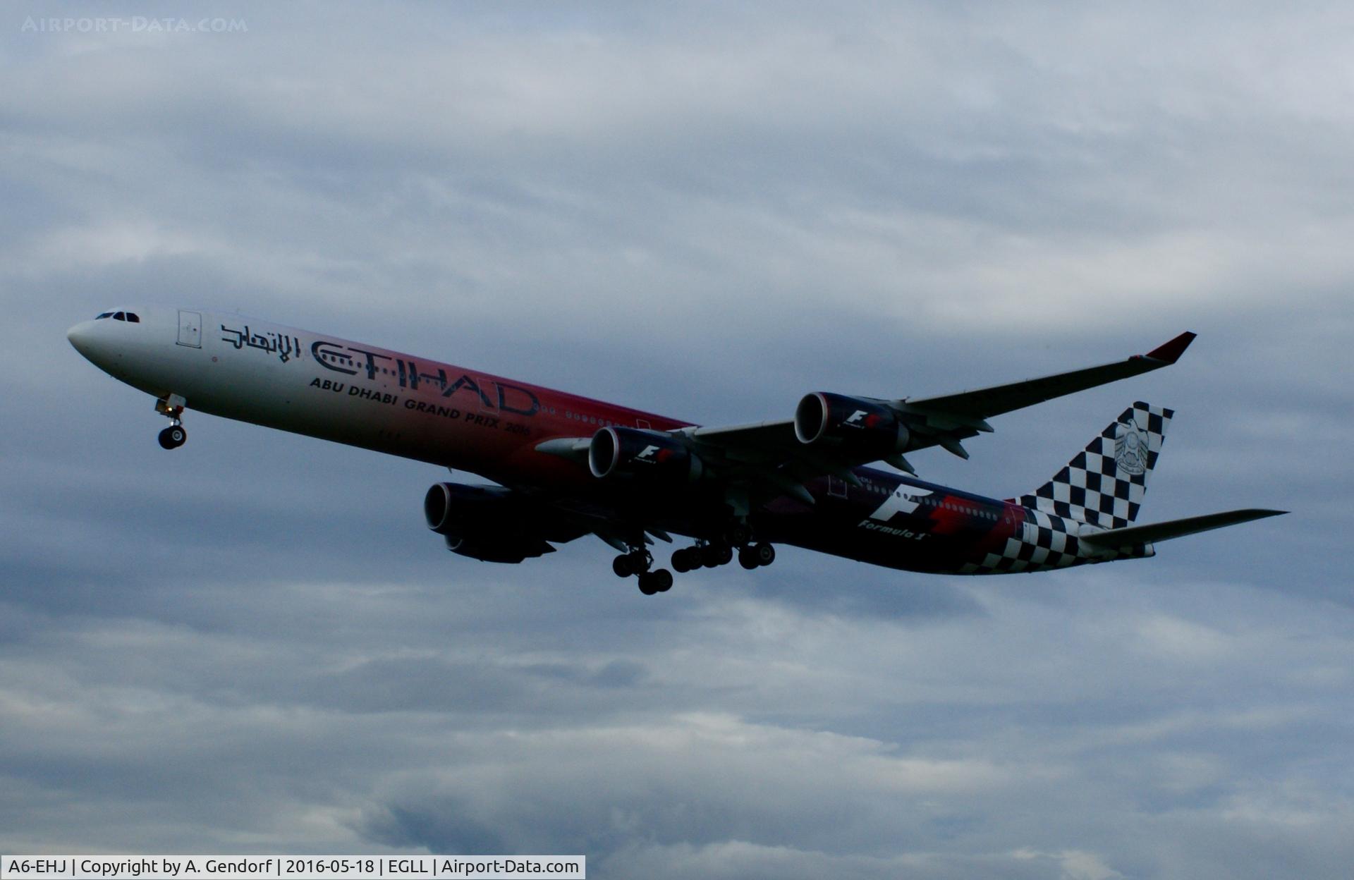 A6-EHJ, 2008 Airbus A340-642X C/N 933, Etihad (Formula one cs.), is here on final RWY 27L at London Heathrow(EGLL)