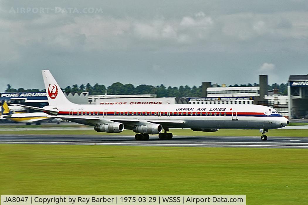 JA8047, 1971 Douglas DC-8-61 C/N 46159, Douglas DC-8-61 [46159] (Japan Air Lines) Singapore-Changi~9V 29/03/1975. From a slide.