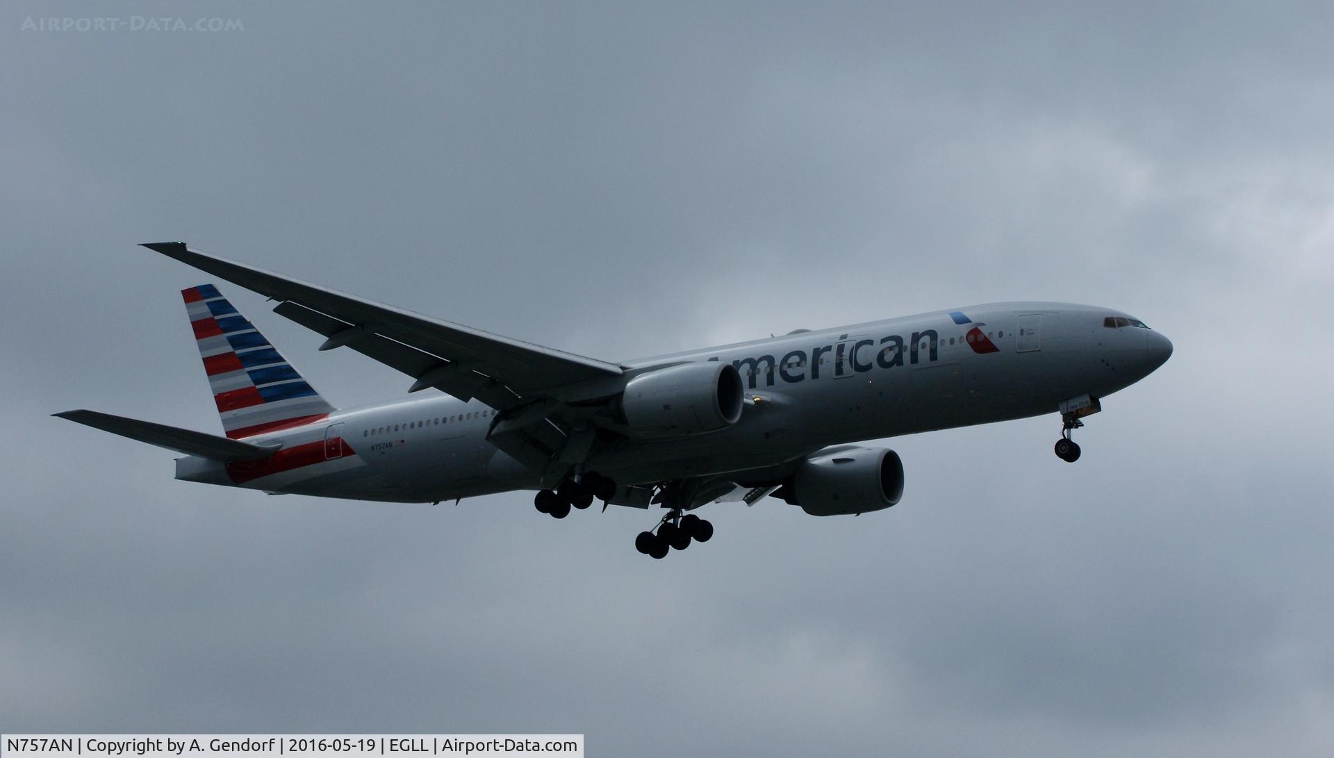 N757AN, 2001 Boeing 777-223 C/N 32636, American Airlines, seen here landing RWY 27R at London Heathrow(EGLL)