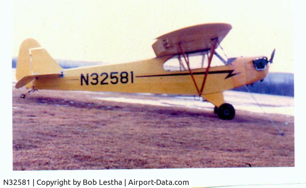 N32581, 1940 Piper J3L-65 Cub C/N 5470, This was taken after I had recovered the whole aircraft with fiberglass material in the basement of my home in Millbury, Mass.
The photo was was taken at Windle Field a Private field in Millbury.
Probably in the low 1980s.