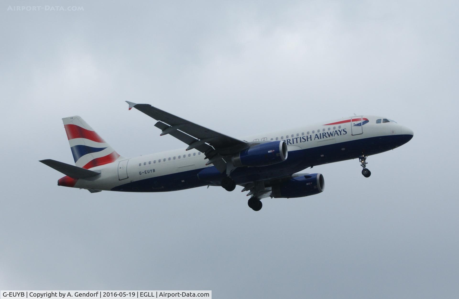 G-EUYB, 2008 Airbus A320-232 C/N 3703, British Airways, is here approaching RWY 27R at London Heathrow(EGLL)