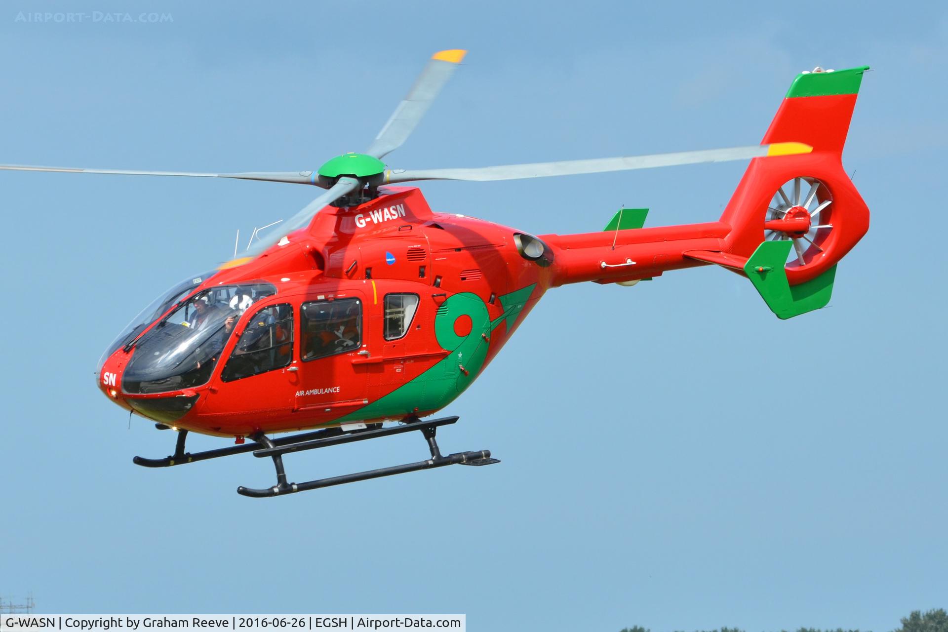 G-WASN, 2008 Eurocopter EC-135T-2+ C/N 0746, Departing from Norwich.