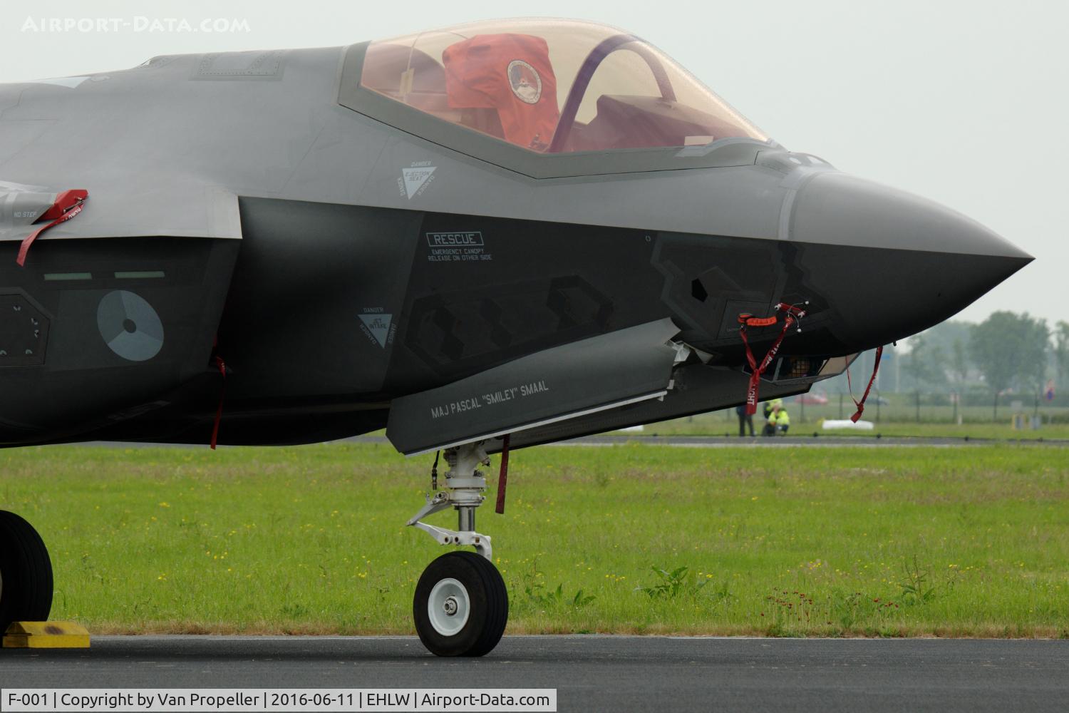 F-001, 2012 Lockheed Martin F-35A Lightning II C/N AN-1, First F-35A of the Royal Netherlands Air Force presented during the 2016 open days at Leeuwarden Air Base, the Netherlands. Note the fine orange cover on the ejection seat.