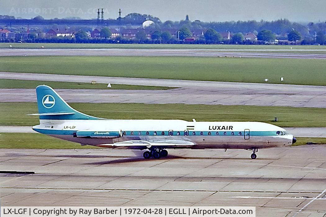 LX-LGF, 1964 Sud Aviation SE-210 Caravelle VI-R C/N 166, Sud Aviation SE.210 Caravelle 6R [166] (Luxair) Heathrow~G 28/04/1972. From a slide.