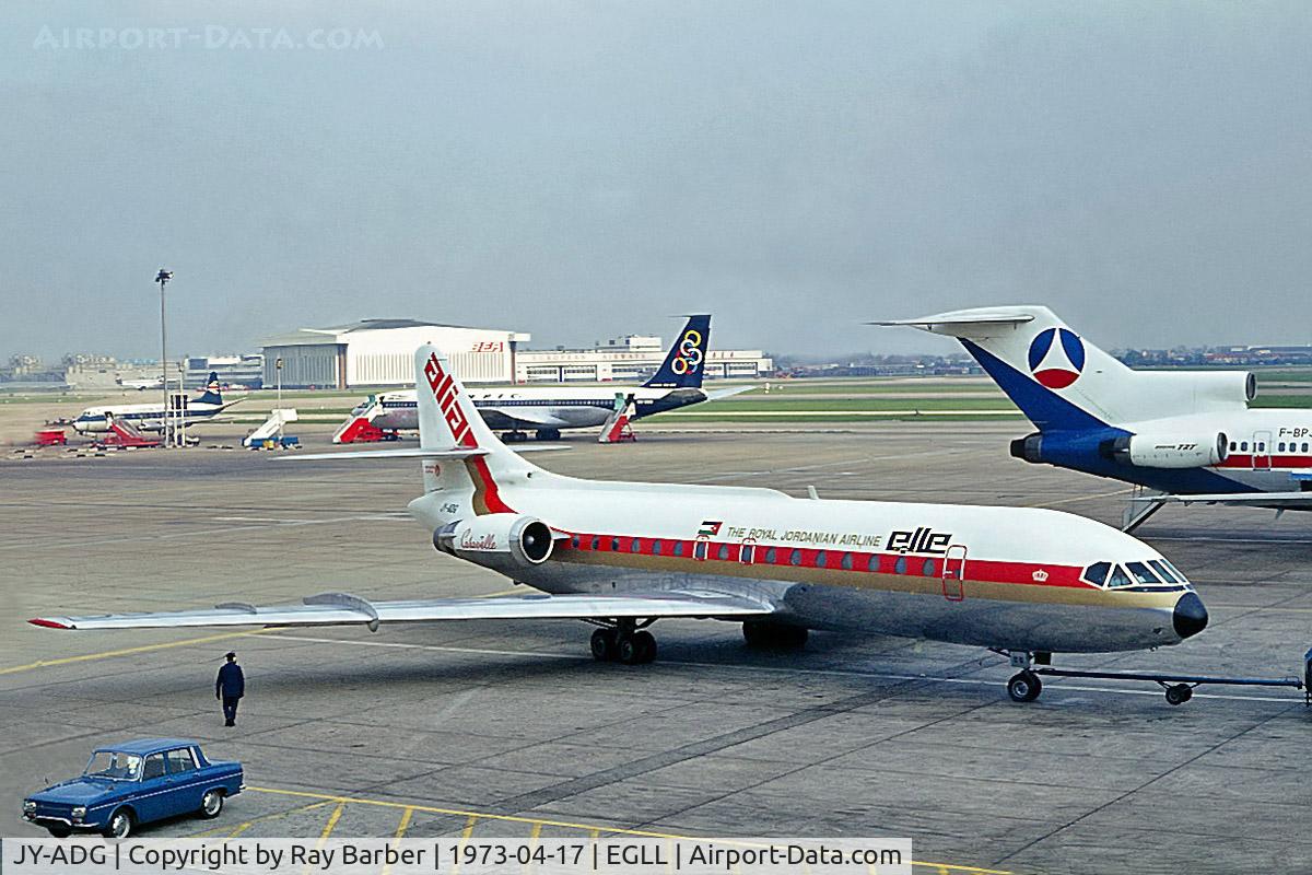 JY-ADG, 1968 Sud Aviation SE-210 Caravelle 10B1R C/N 236, Sud Aviation SE.210 Caravelle 10B1R [236] (Alia Royal Jordanian Airlines) Heathrow~G 17/04/1973. From a slide.