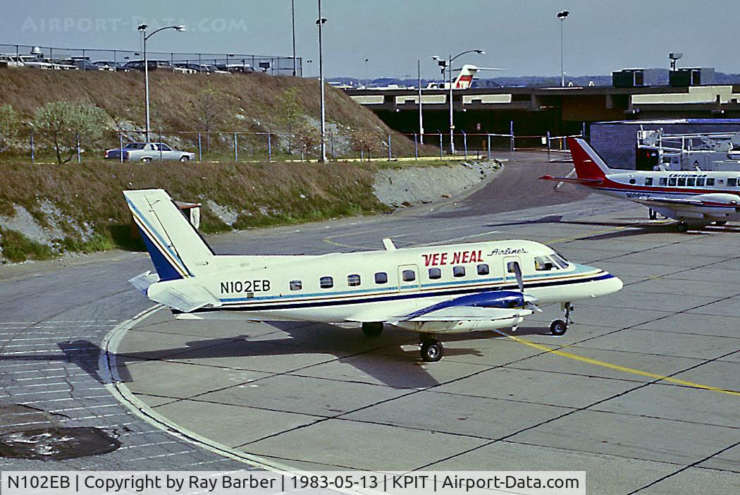N102EB, 1981 Embraer EMB-110P1 Bandeirante C/N 110.354, Embraer Emb-110P1 Bandeirante [110354] (Vee Neal Airlines) Pittsburgh-Int'l~N 13/05/1983. From a slide.