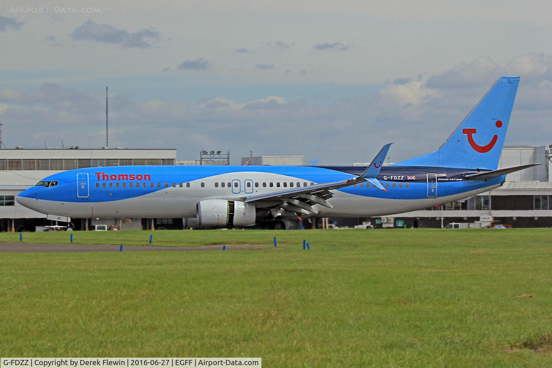 G-FDZZ, 2011 Boeing 737-8K5 C/N 37262, 737-8K5, Thomson Airways, callsign Thomson 39T, previously G-FDZZ, C-FHZZ, landing on runway 30 out of Ibiza, note the open reverse thruster doors.