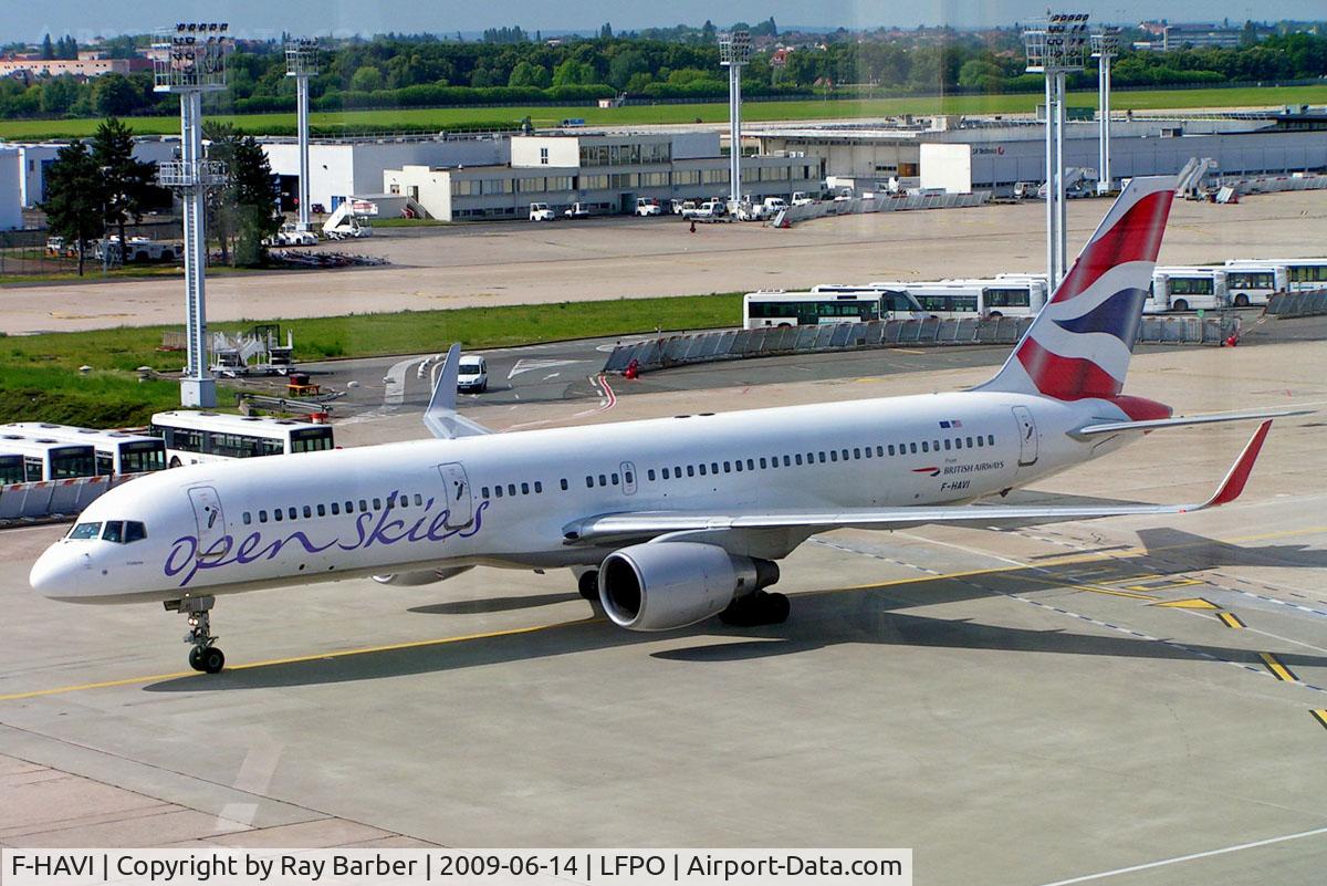 F-HAVI, 1990 Boeing 757-26D C/N 24473, Boeing 757-26D [24473] (OpenSkies) Paris-Orly~F 14/06/2009. Slight back light from terminal window.
