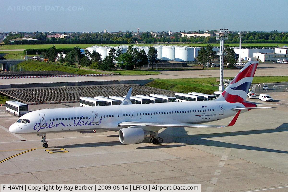 F-HAVN, 1991 Boeing 757-230 C/N 25140, Boeing 757-230 [25140] (OpenSkies) Paris-Orly~F 14/06/2009.  Slight back light from terminal window.