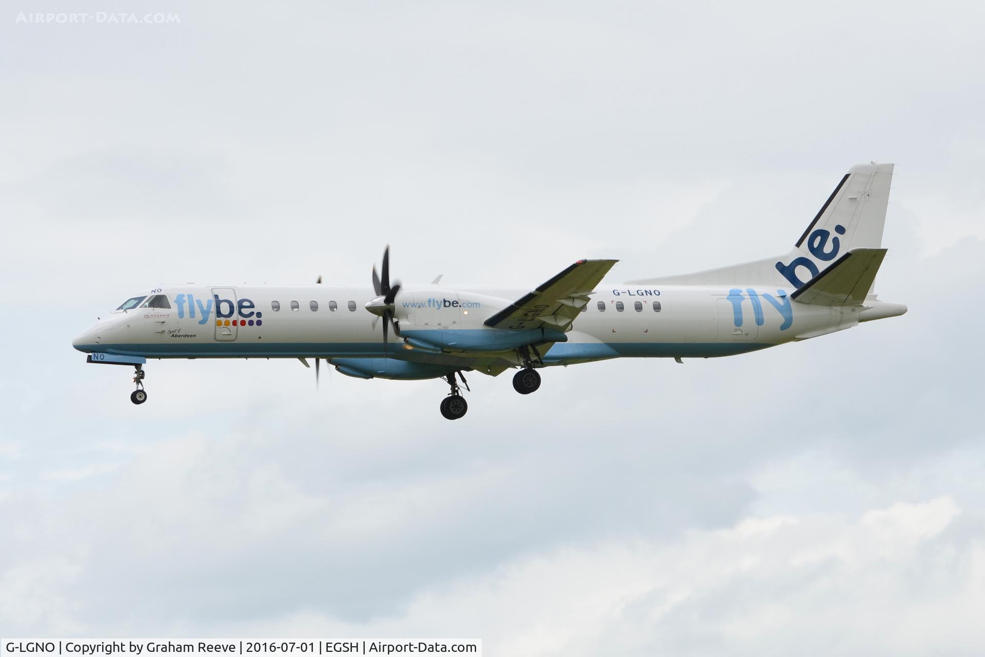 G-LGNO, 1995 Saab 2000 C/N 2000-013, Landing at Norwich.
