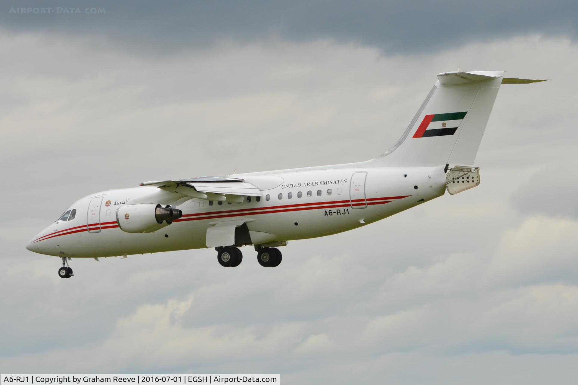 A6-RJ1, 1998 British Aerospace Avro 146-RJ85A C/N E2323, Landing at Norwich.