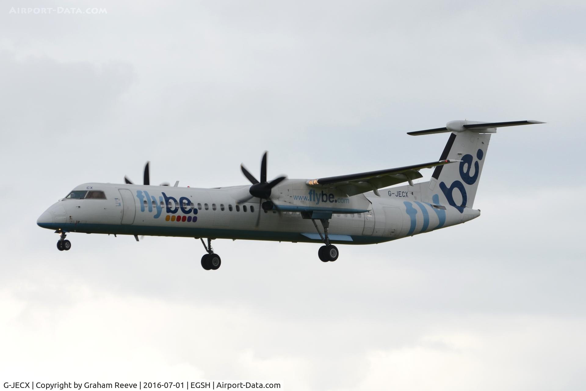 G-JECX, 2007 De Havilland Canada DHC-8-402Q Dash 8 C/N 4155, Landing at Norwich.