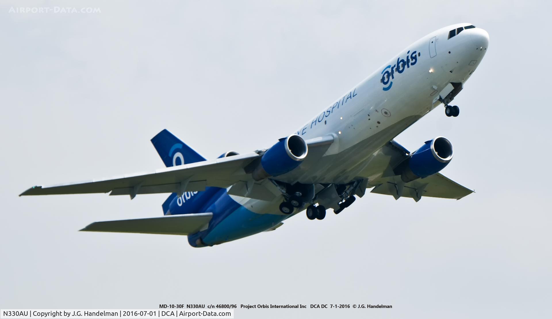 N330AU, 1973 McDonnell Douglas MD-10-30F C/N 46800, Gear coming up as Orbis One heavy leaves DCA.