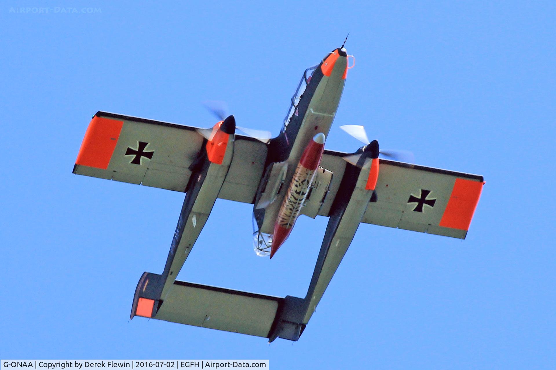 G-ONAA, 1971 North American OV-10B Bronco C/N 338-3, OV-10B Bronco, seen in the overhead prior to landing on runway 22.