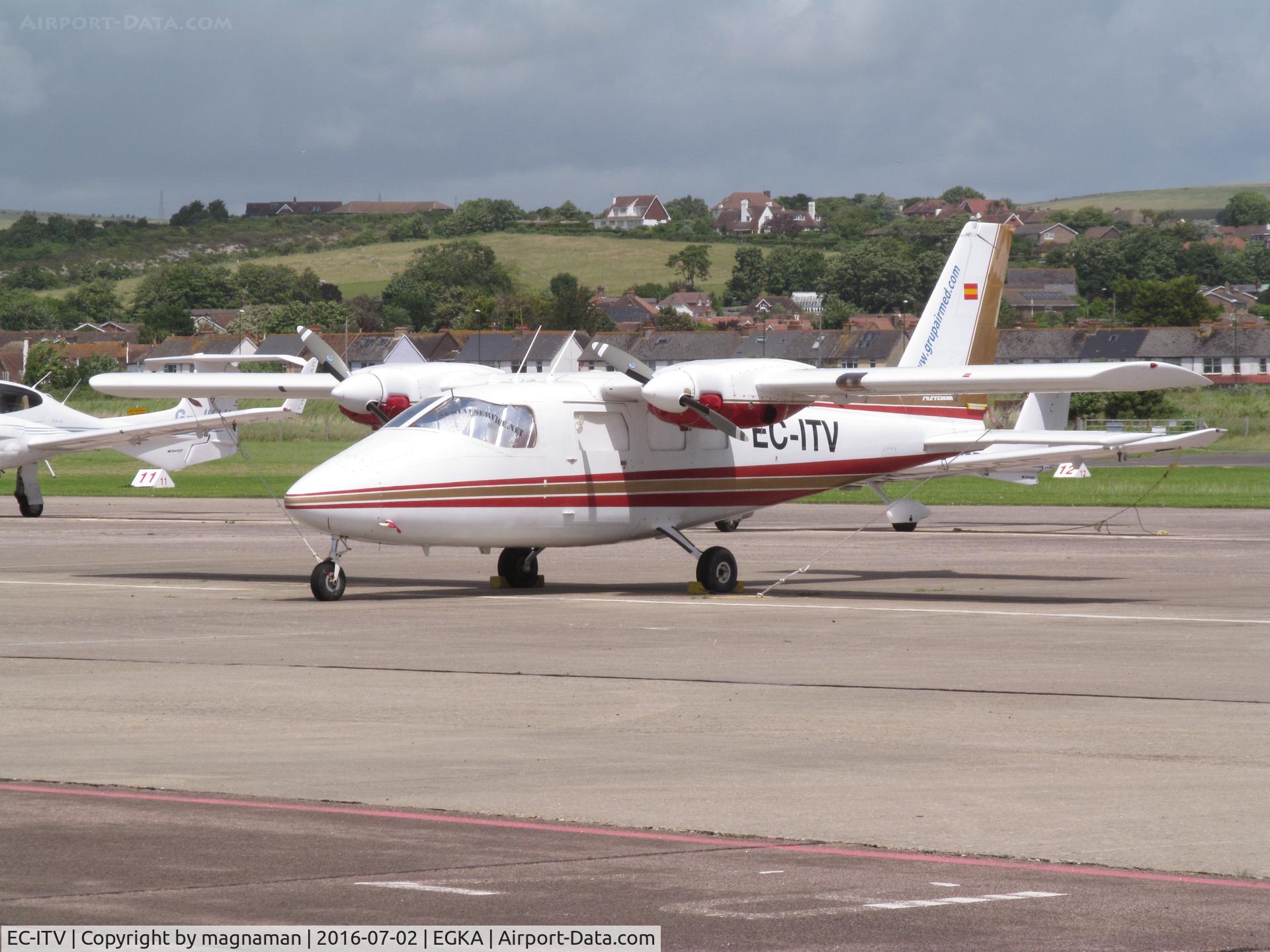 EC-ITV, Partenavia P-68C-TC C/N 239-05-TC, the sunshade in windscreen tells you this is an aerial survey plane. Here with EC-IOD. Nice pair to catch up with today.