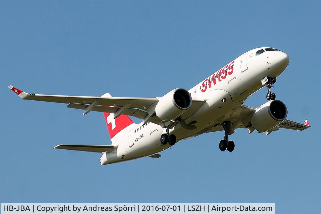 HB-JBA, 2016 Bombardier CSeries CS100 (BD-500-1A10) C/N 50010, The worldwide first Bomardier CS100, delivered for Swiss International Airlines at the the final approach at the ferryflight from Bombardier Montreal via Dublin (nightstop) to Zürich.