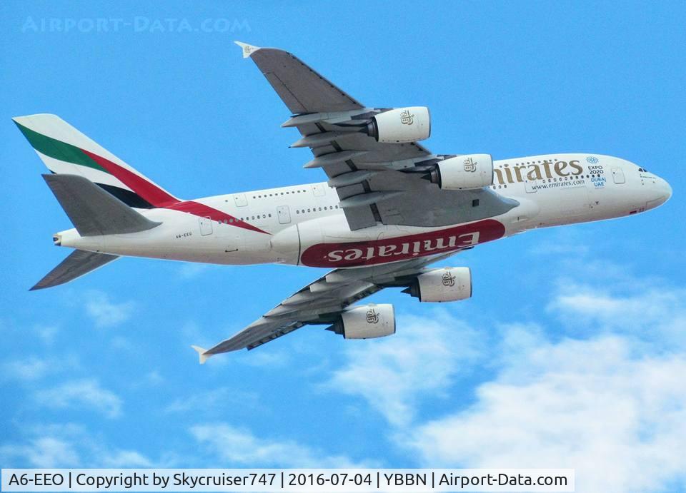 A6-EEO, 2013 Airbus A380-861 C/N 136, Departing R19 YBBN as EK434
