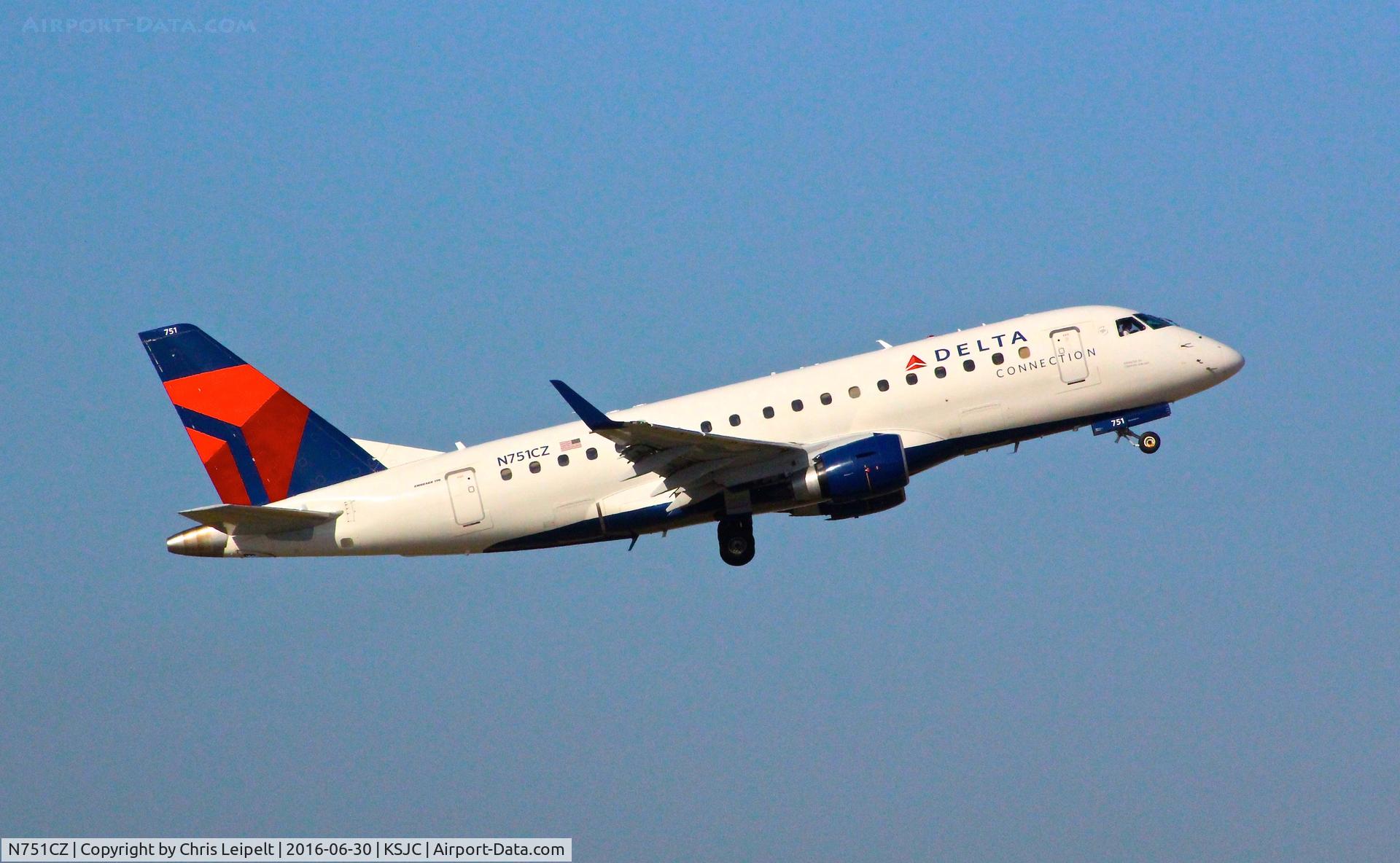 N751CZ, 2008 Embraer 170LR (ERJ-170-100LR) C/N 17000247, Delta Connection departing in their 2008 Embraer ERJ 170-100 at San Jose International Airport, CA.