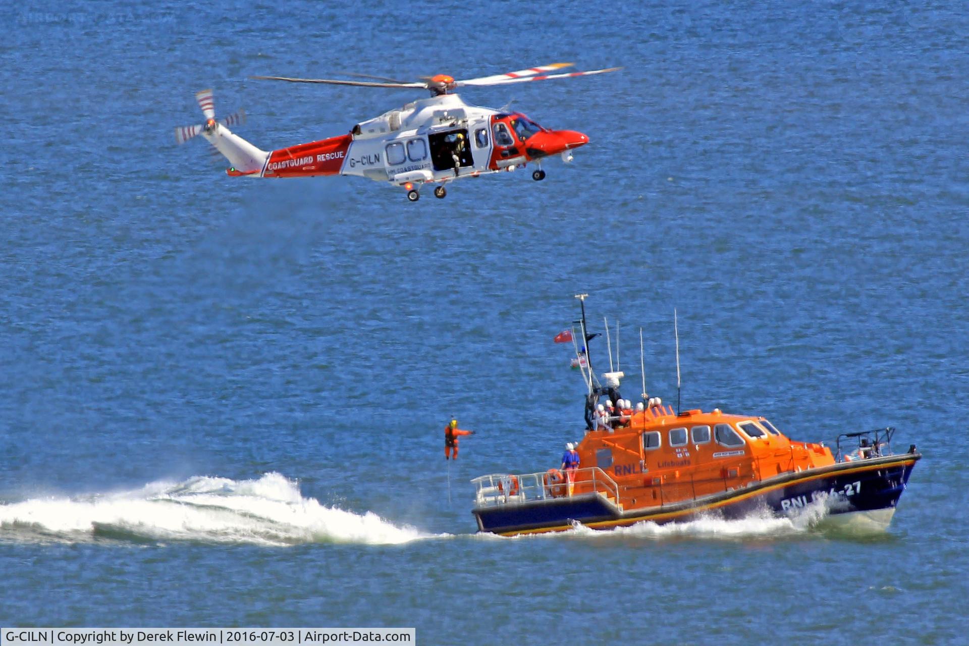 G-CILN, 2014 AgustaWestland AW-139 C/N 31586, AW-139,  Bristow Helicopters Ltd HM Coastguard, MOD St Athan based, winching demonstaration with  Tamar Class RNLI 16-27 lifeboat Roy Barker IV  Mumbles Lifeboat, at WNAS16. Thanks Roger for the LB info.