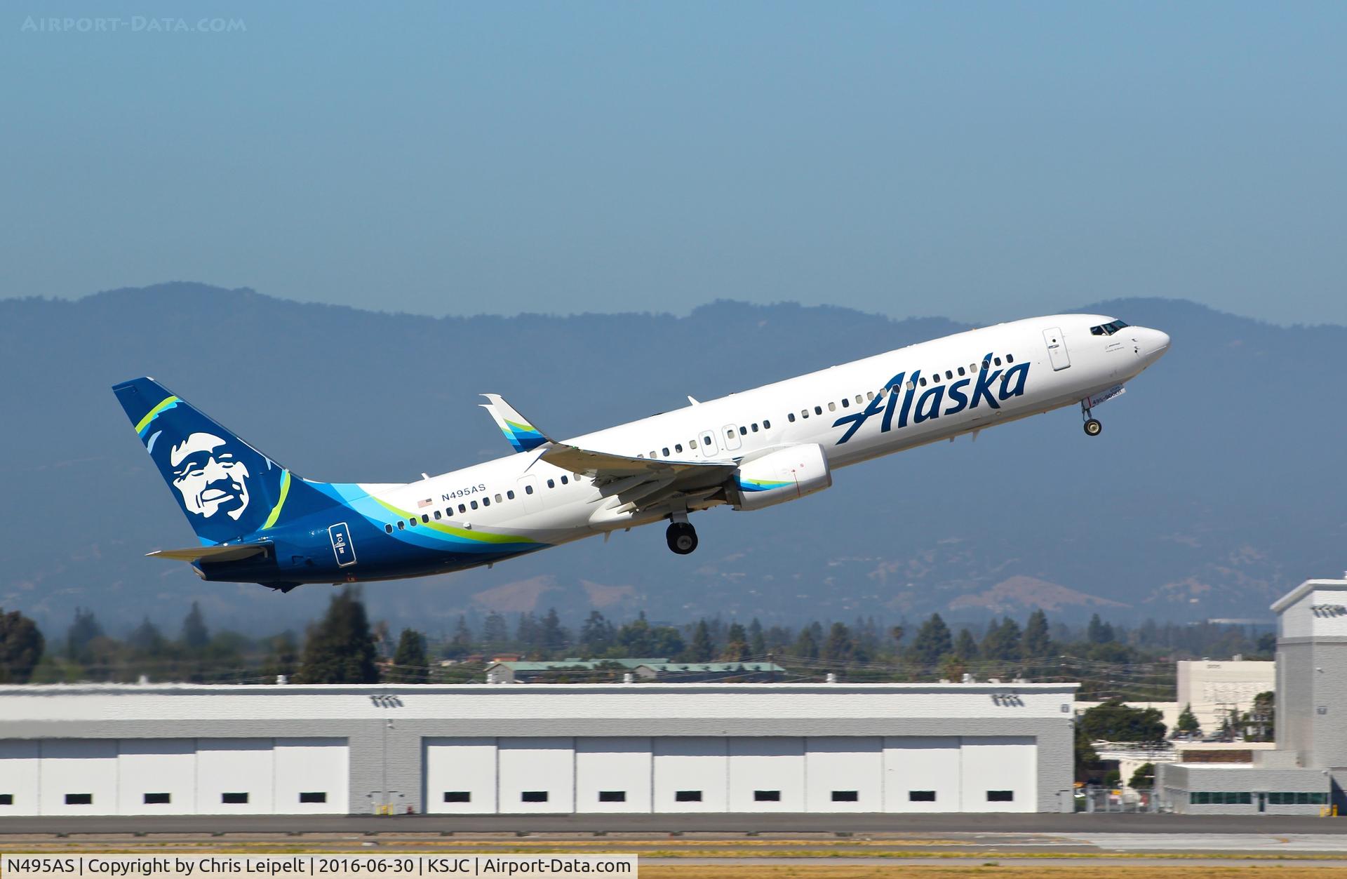 N495AS, 2016 Boeing 737-900/ER C/N 41728, Alaska Airlines departing in their brand new 2016 Boeing 737-900ER at San Jose International Airport, CA.