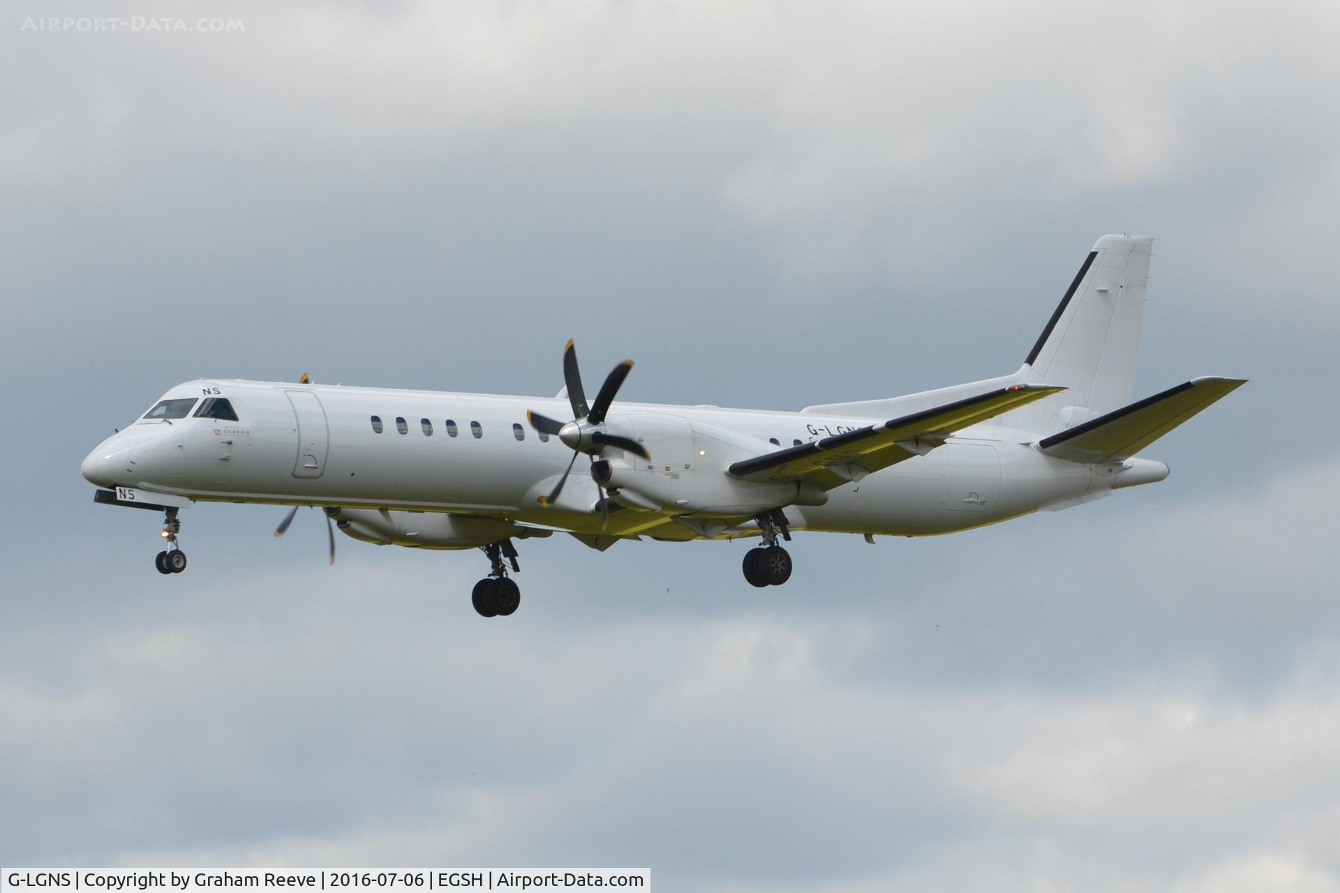 G-LGNS, 1996 Saab 2000 C/N 2000-041, Landing at Norwich.