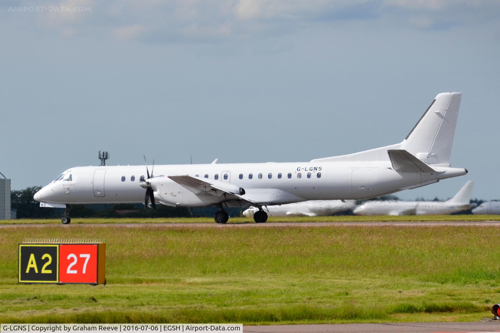 G-LGNS, 1996 Saab 2000 C/N 2000-041, About to depart from Norwich.