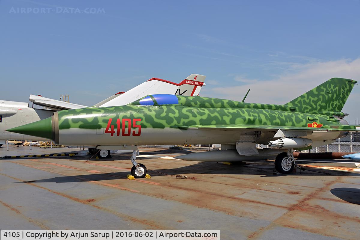 4105, Mikoyan-Gurevich MiG-21PFM C/N 94A4105, On display aboard USS Intrepid. This MiG-21PFM has been repainted to represent an aircraft of the 921st Fighter Regiment of the North Vietnamese Air Force based at Phúc Yên Air Base during the Vietnam War.