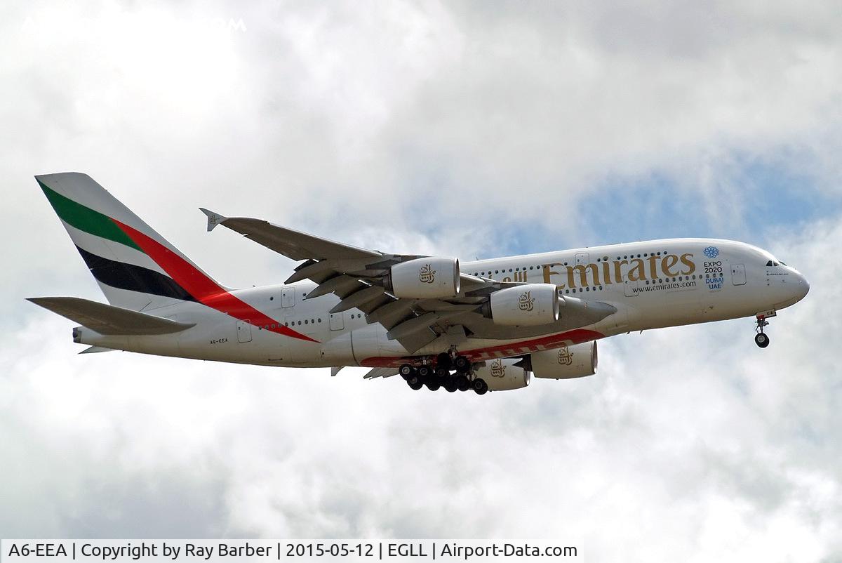 A6-EEA, 2012 Airbus A380-861 C/N 108, Airbus A380-861[108] (Emirates Airlines) Home~G 12/05/2015. On approach 27L.