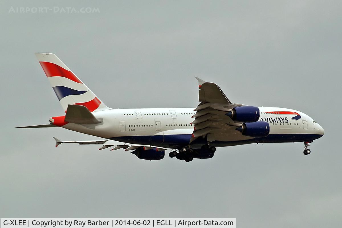 G-XLEE, 2013 Airbus A380-841 C/N 148, Airbus A380-841 [148] (British Airways) Home~G 02/06/2014. On approach 27L.