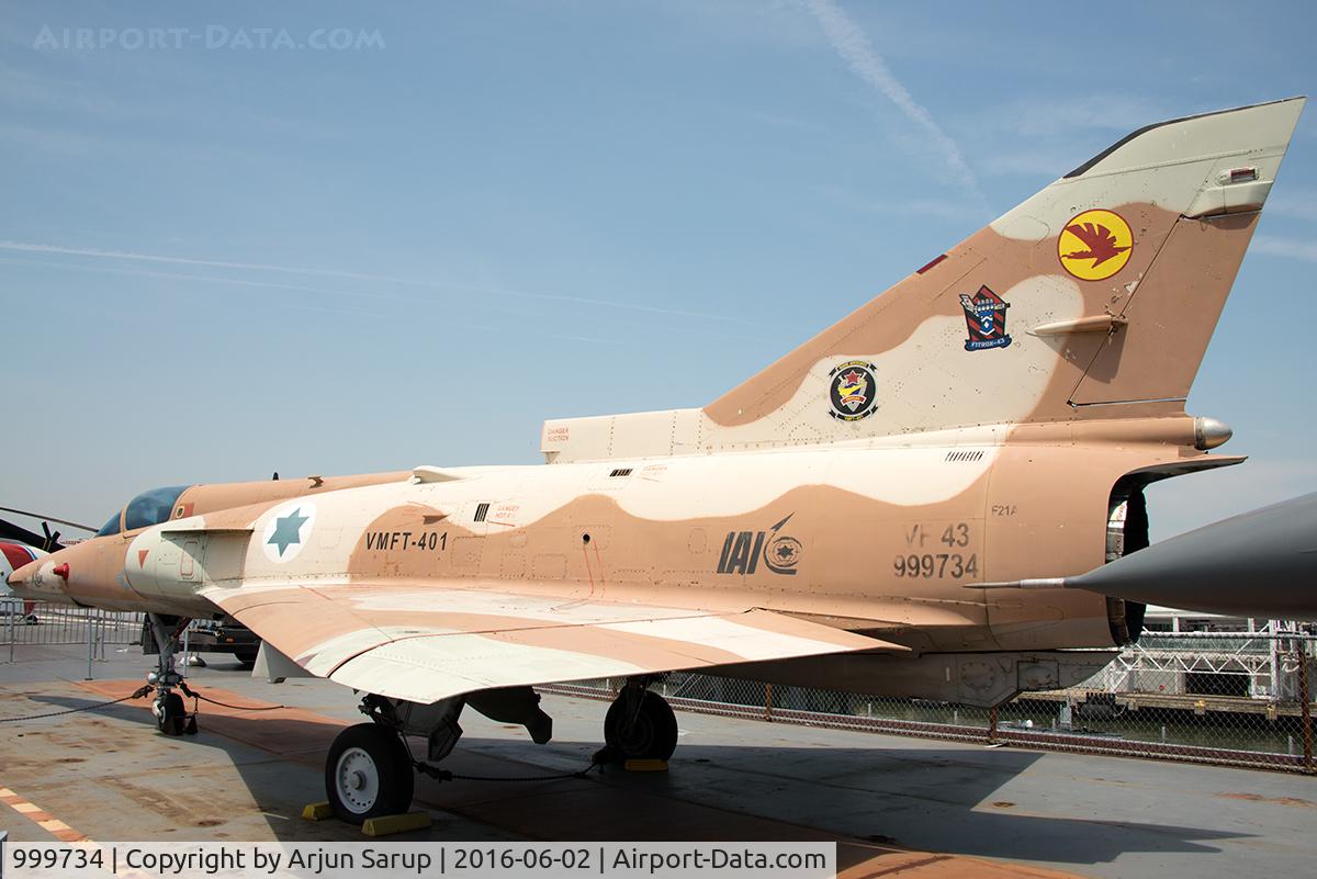 999734, Israel Aircraft Industries IAI F-21A Kfir C/N Not found 999734, On display aboard USS Intrepid.  This Kfir was used by VMFT-401 'Snipers' from 1987 to 1989 to provide dissimilar air combat training. VMFT-401 is the only adversary squadron in the United States Marine Corps, flying the F-5N Tiger II since 1989.