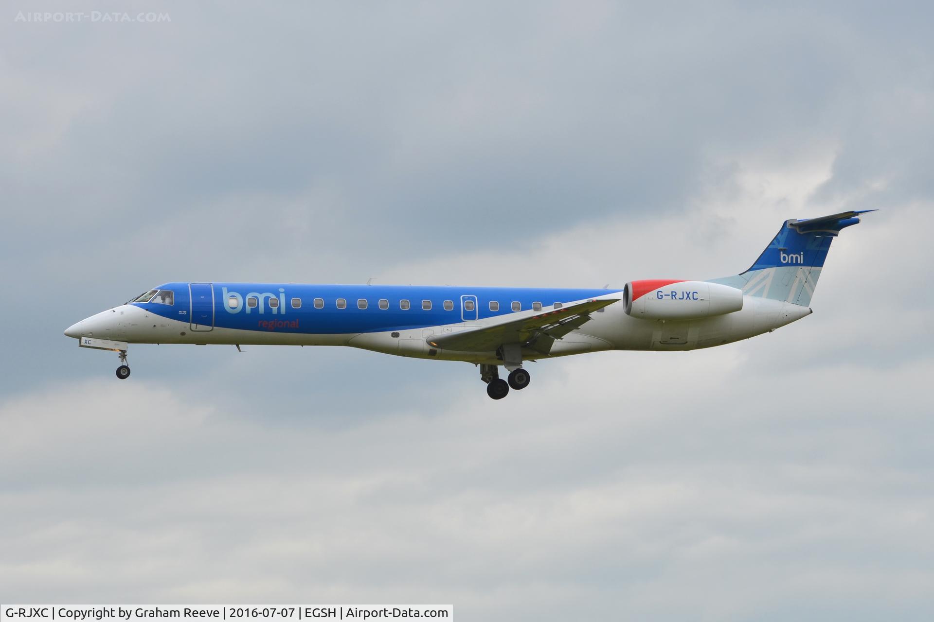 G-RJXC, 1999 Embraer EMB-145EP (ERJ-145EP) C/N 145153, Landing at Norwich.