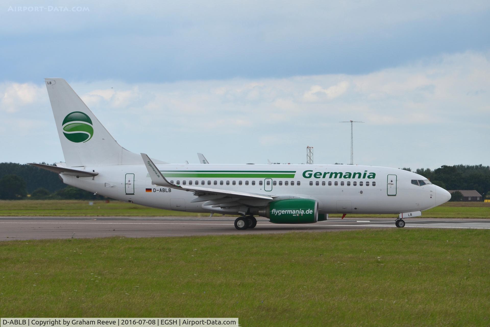 D-ABLB, 2008 Boeing 737-76J C/N 36115, About to depart from Norwich.