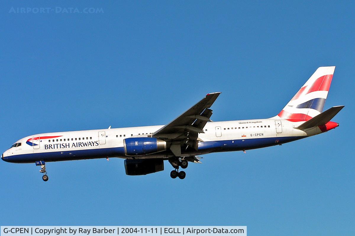 G-CPEN, 1997 Boeing 757-236 C/N 28666, Boeing 757-236 [28666] (British Airways) Heathrow~G 11/11/2004. On finals 27L.