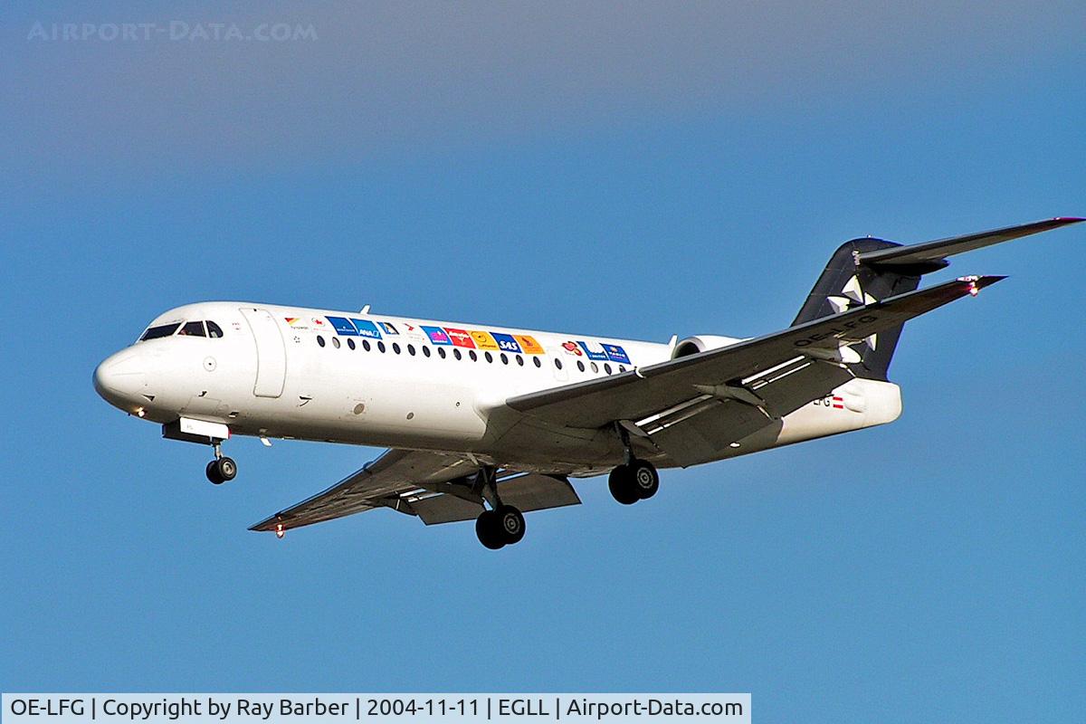 OE-LFG, 1995 Fokker 70 (F-28-0070) C/N 11549, Fokker F-70 [11549] (Tyrolean Airways) Heathrow~G 11/11/2004. On finals 27L.