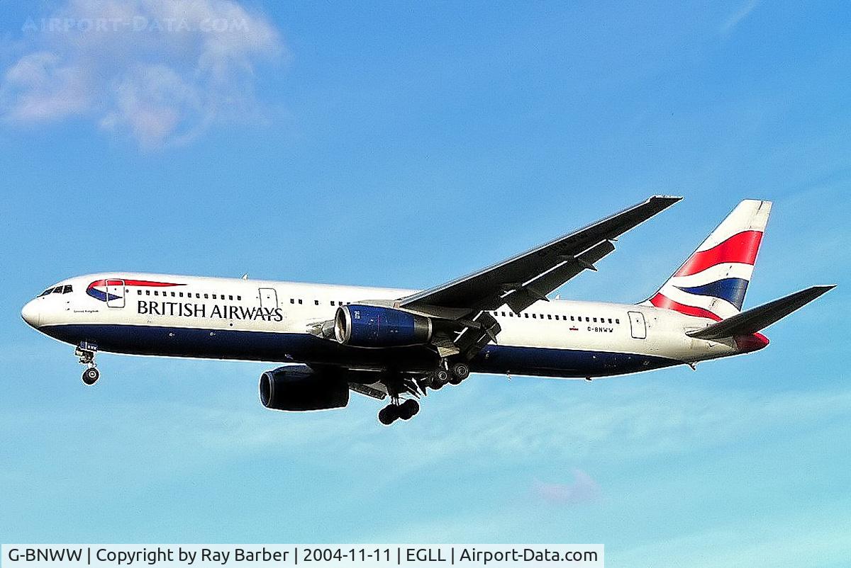 G-BNWW, 1993 Boeing 767-336/ER C/N 25831, Boeing 767-336ER [25831] (British Airways) Heathrow~G 11/11/2004. On finals 27L.