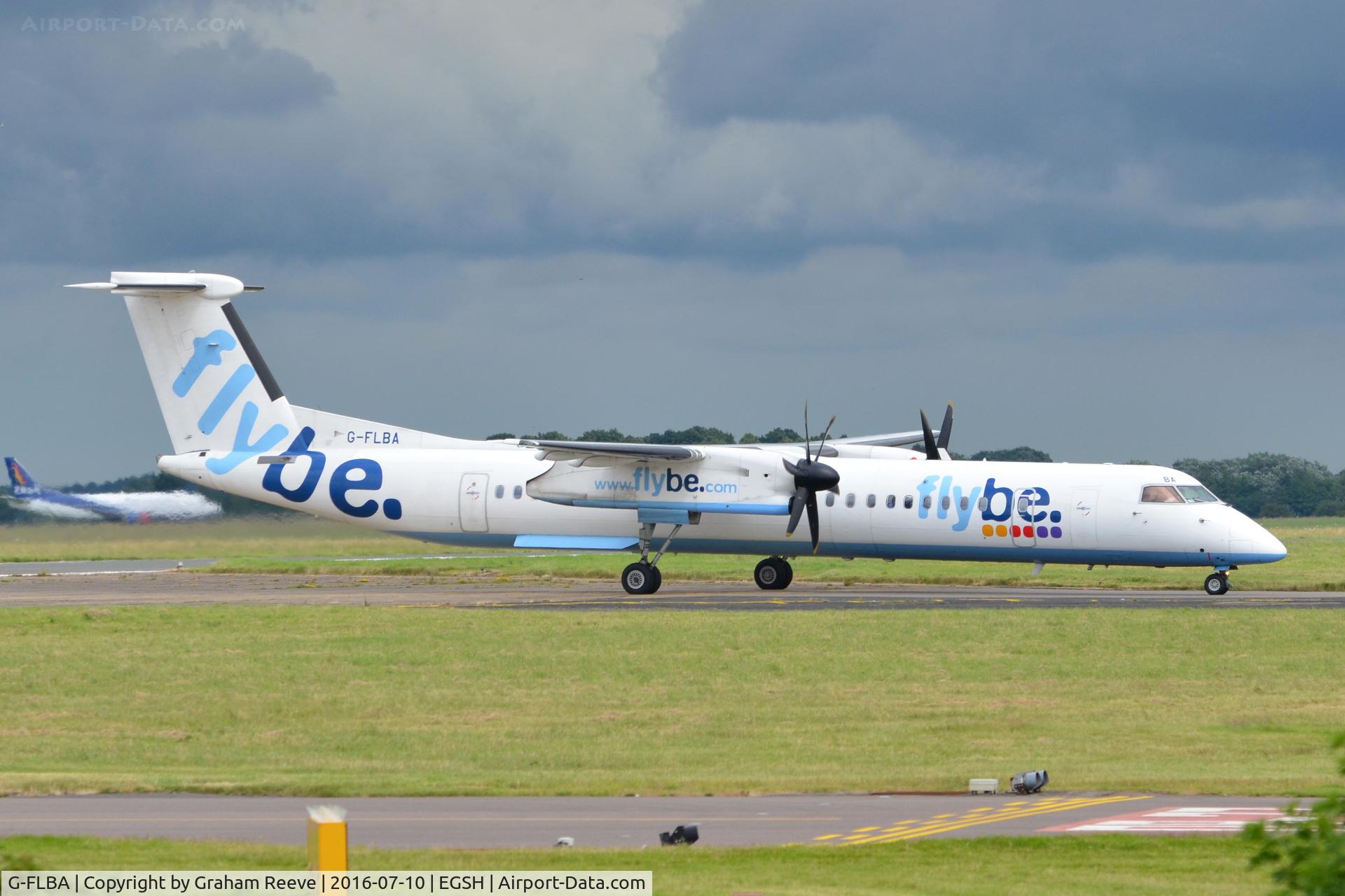 G-FLBA, 2009 De Havilland Canada DHC-8-402Q Dash 8 C/N 4253, Just landed at Norwich.