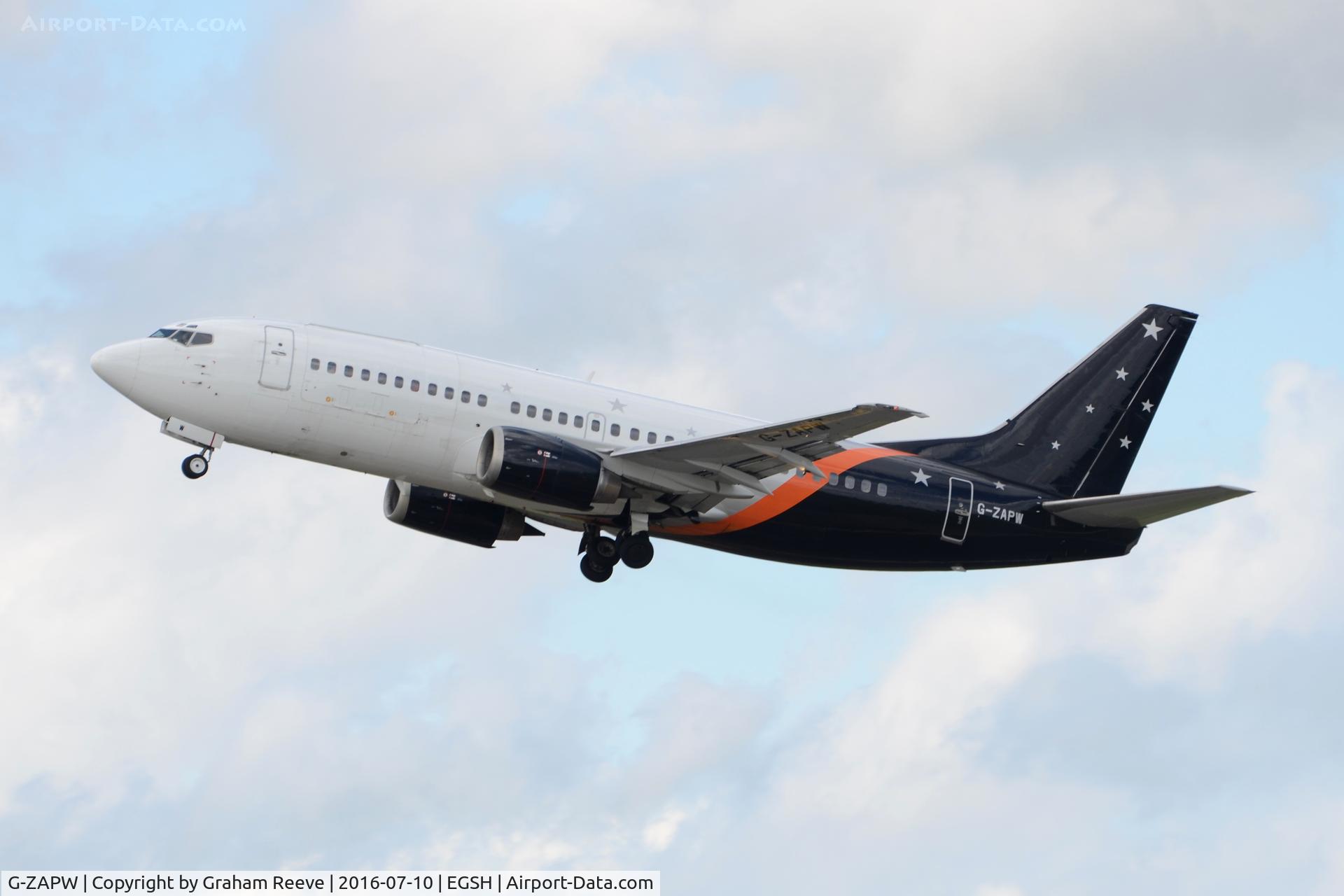 G-ZAPW, 1988 Boeing 737-3L9 C/N 24219, Departing from Norwich.