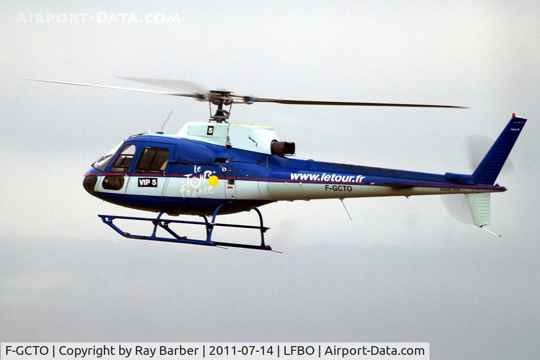 F-GCTO, Eurocopter AS-350BA Ecureuil Ecureuil C/N 1361, Aerospatiale AS.350BA Ecureuil [1361] Toulouse-Blagnac~F 14/07/2011. Support helicopter for Tour de France.