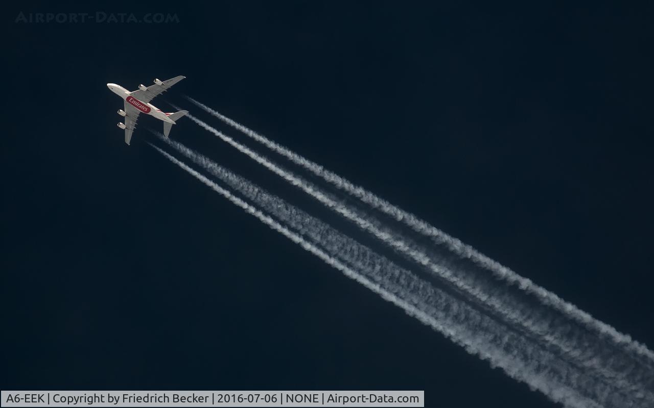 A6-EEK, 2013 Airbus A380-861 C/N 132, cruising westboumd
