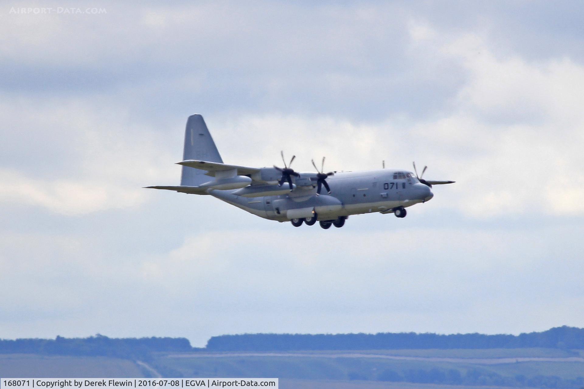 168071, Lockheed KC-130J Hercules C/N 382-5676, KC-130J, USMC MCAS Cherry Point NC based, call sign Otis 80, seen returning to RAF Fairford after refueling demo at RIAT, image taken from the Domestic Site.