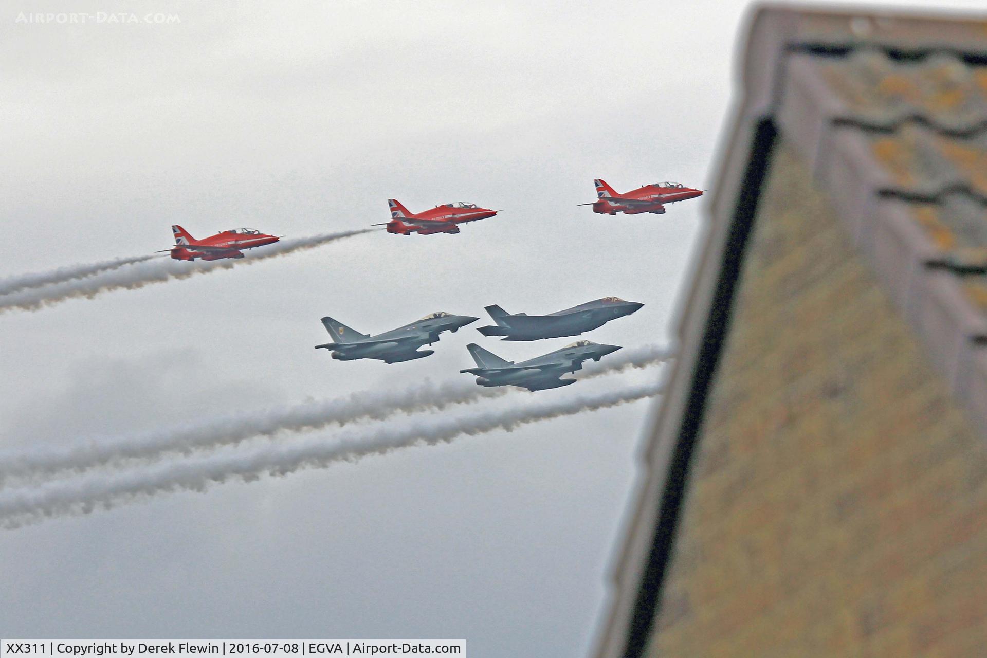 XX311, 1980 Hawker Siddeley Hawk T.1 C/N 147/312136, Hawk T.1A, RAF Scampton based, seen leading x2 Typhoons and x1 F-35B Lightning II, special fly-by at RIAT, image taken from the Domestic Site.