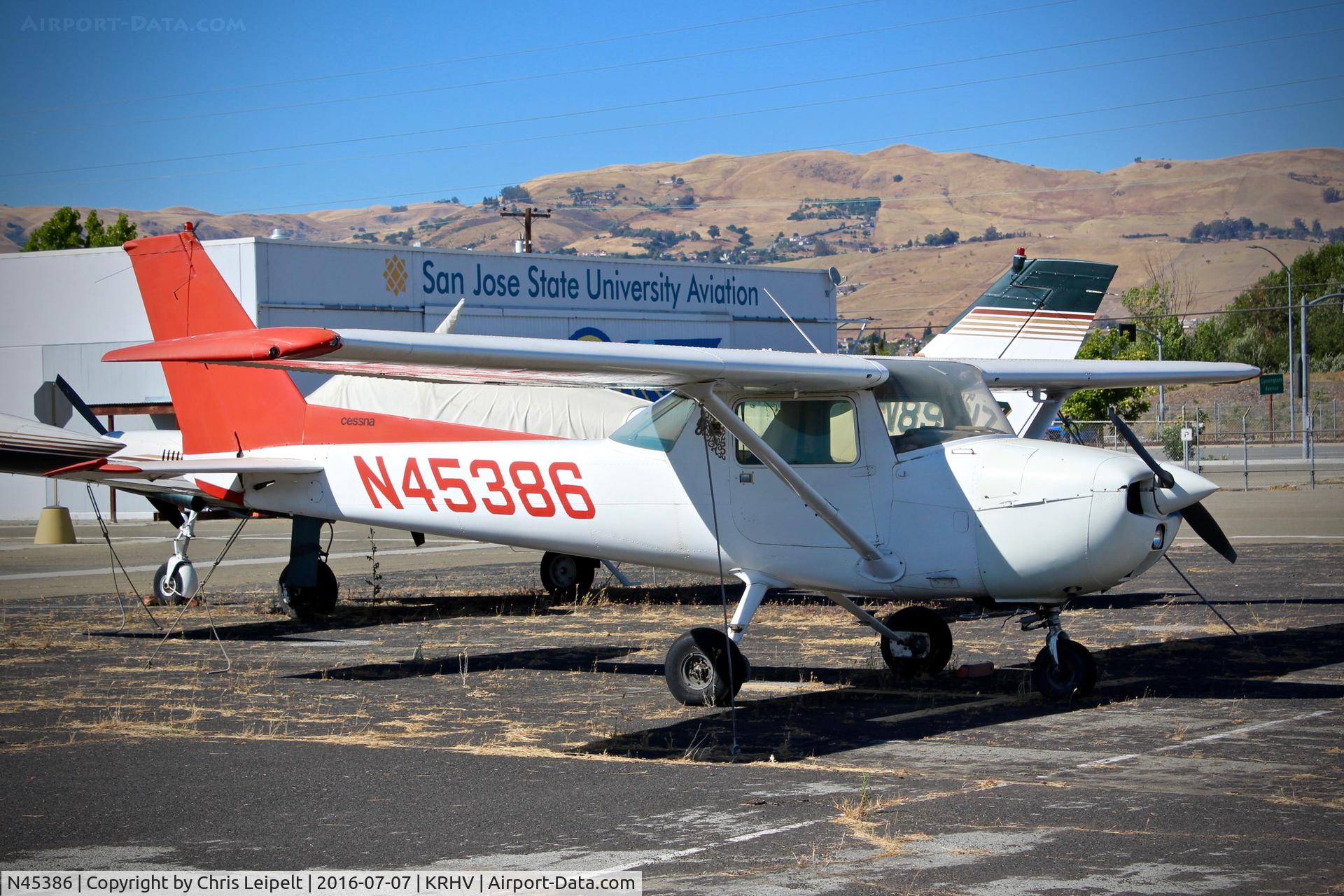 N45386, 1975 Cessna 150M C/N 15076895, SJSU (San Jose, CA) 1975 Cessna 150M parked with their hangar in the background at Reid Hillview Airport, San Jose, CA.