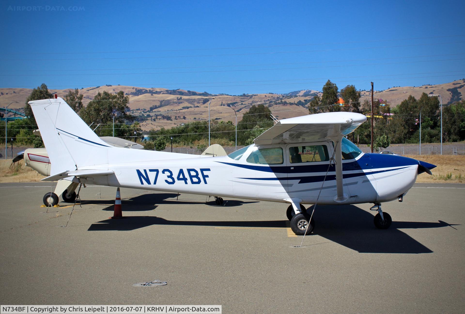 N734BF, 1977 Cessna 172N C/N 17268720, Four BF LLC (Van Nuys, CA) 1977 Cessna 172N parked at the south tie downs to make room for the 2016 Airport Day at Reid Hillview Airport, San Jose, CA.