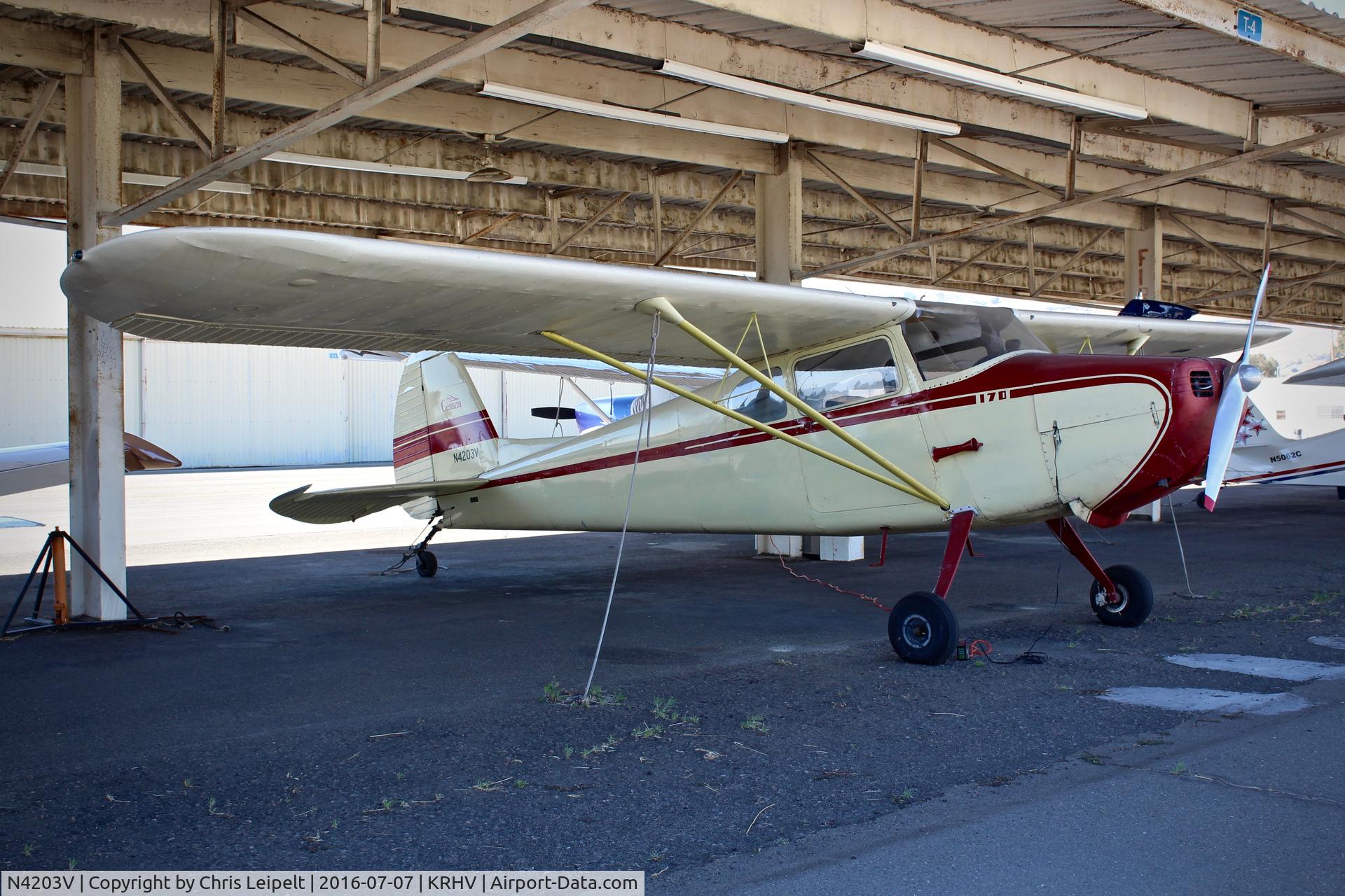 N4203V, 1948 Cessna 170 C/N 18559, Locally-based 1948 Cessna 170 parked at its shelter at Reid Hillview Airport, San Jose, CA.