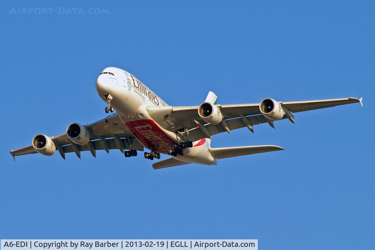 A6-EDI, 2009 Airbus A380-861 C/N 028, A6-EDI   Airbus A380-861 [028] (Emirates Airlines) Home~G 19/02/2013. On approach 27R.
