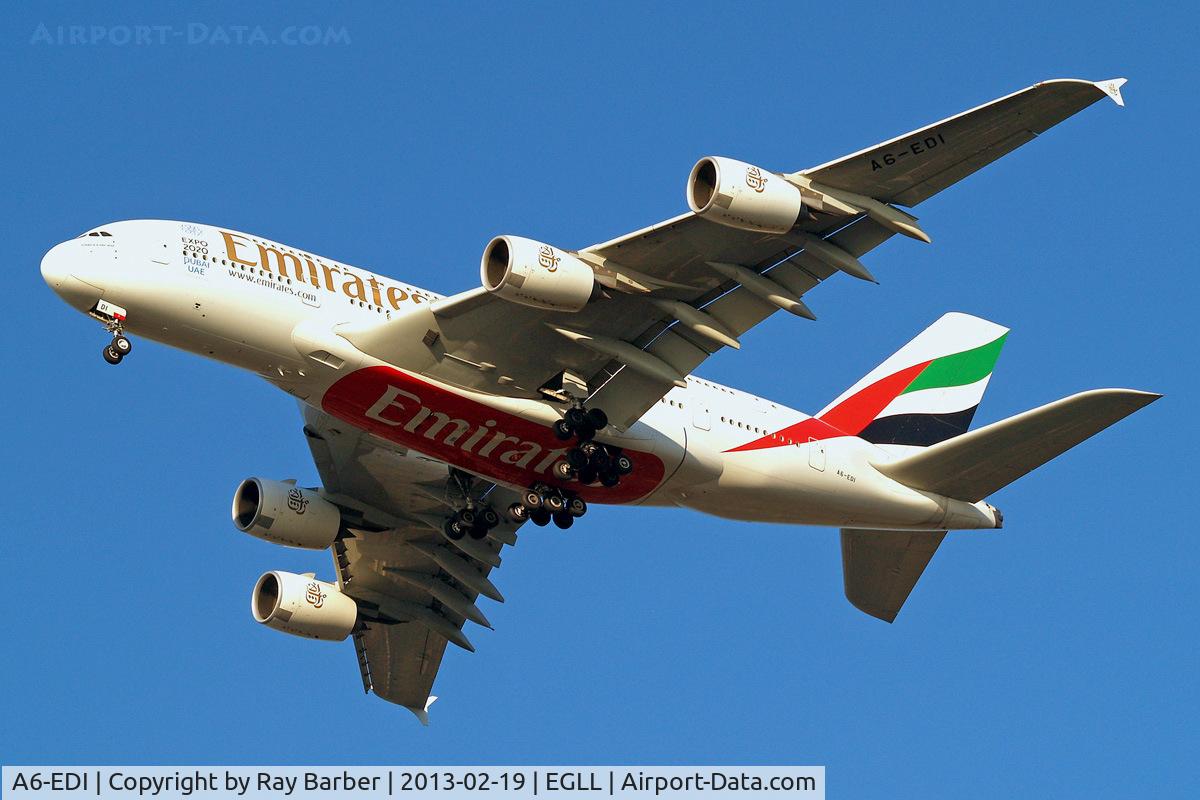 A6-EDI, 2009 Airbus A380-861 C/N 028, A6-EDI   Airbus A380-861 [028] (Emirates Airlines) Home~G 19/02/2013. On approach 27R.