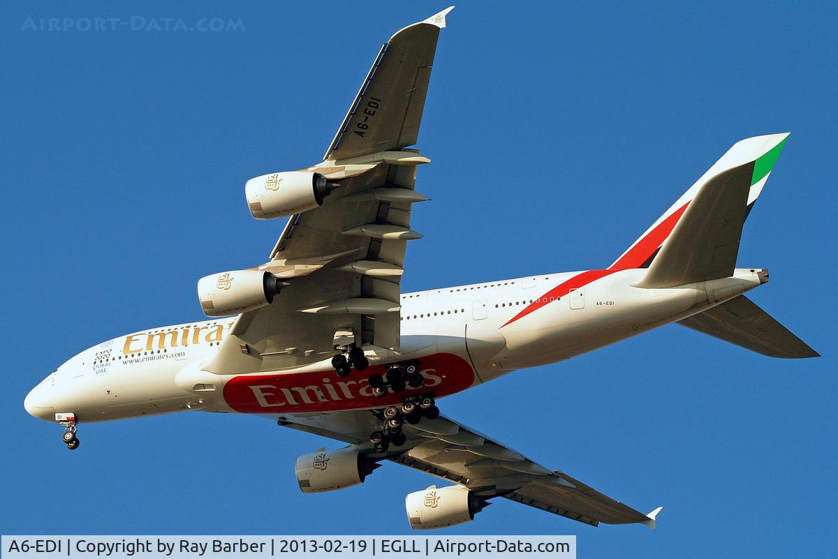 A6-EDI, 2009 Airbus A380-861 C/N 028, A6-EDI   Airbus A380-861 [028] (Emirates Airlines) Home~G 19/02/2013. On approach 27R.