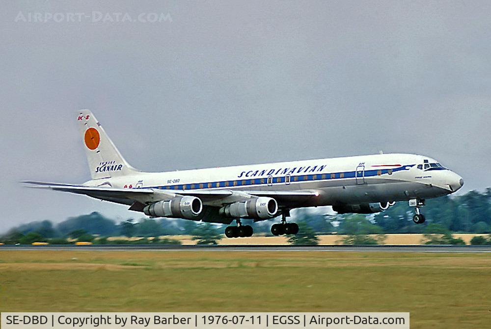 SE-DBD, 1965 Douglas DC-8-55 C/N 45753, Douglas DC-8-55 [45753] (Scandinavian Airlines) Stansted~G 11/07/1976. From a slide.