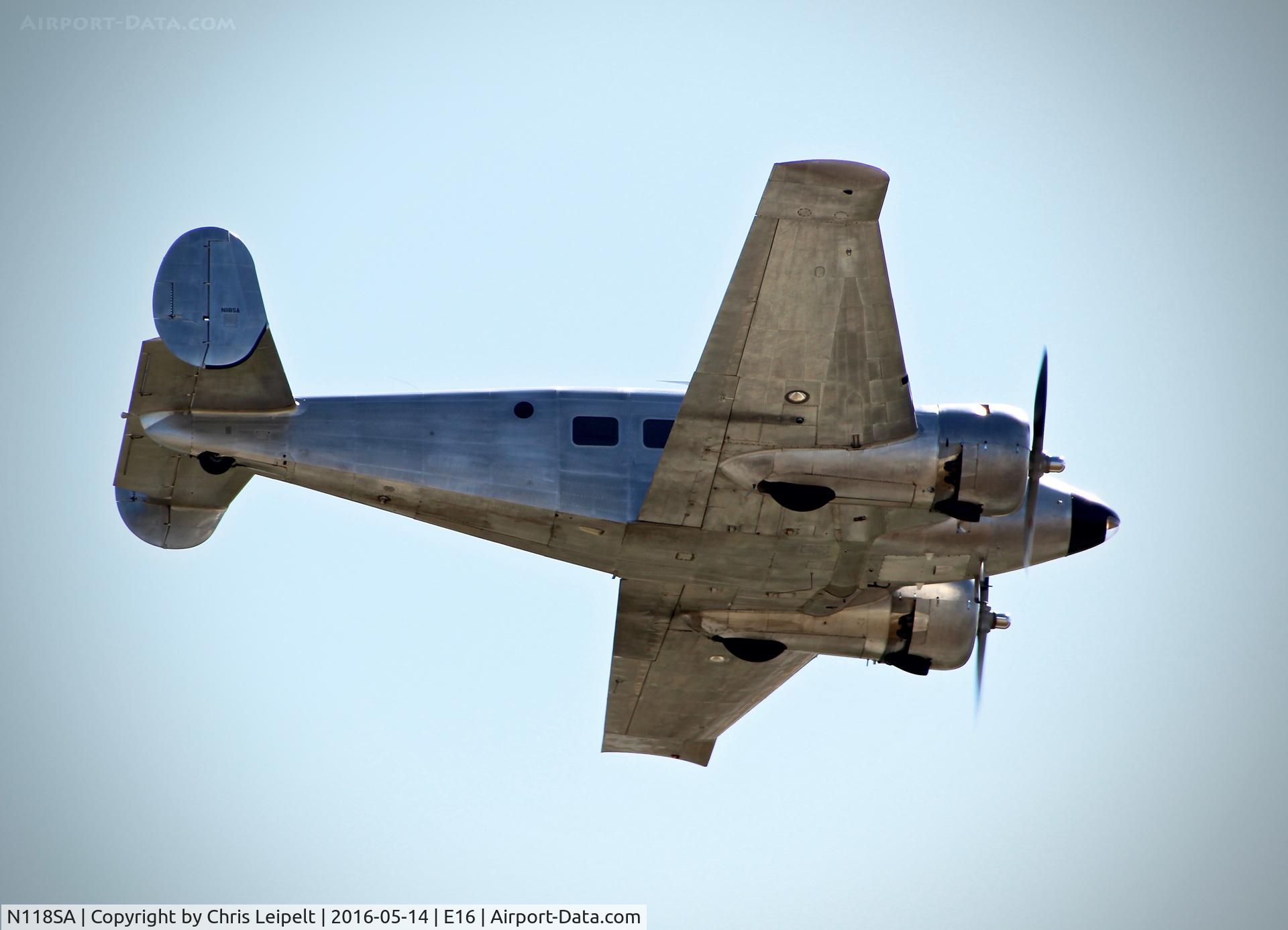 N118SA, 1954 Beech E18S C/N BA-14, Locally-based 1954 Beech E18S doing low pass over South County Airport, San Martin, CA.
